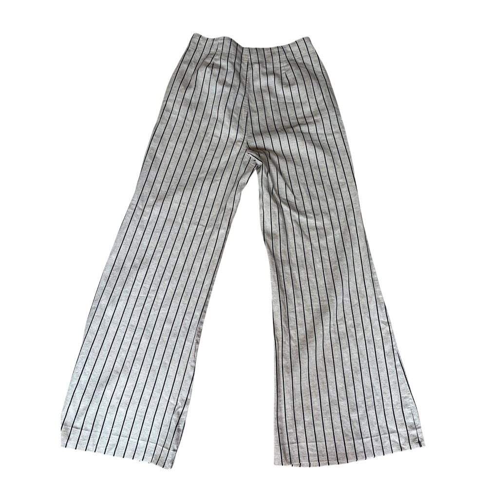 Free People Pinstripe Wide Leg Flare Pants Cotton Linen Beige Black Size 10 - Picture 3 of 5
